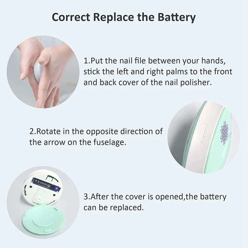 Instructions showing how to correctly replace the battery in a baby nail trimmer.
