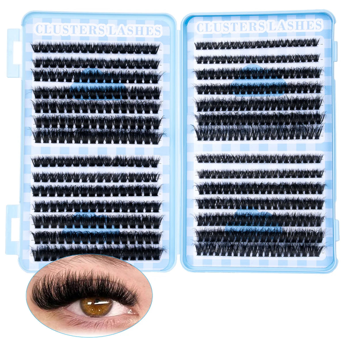 A pair of clear containers holding clusters of black and blue lash extensions, shown next to an eye.