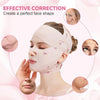 A woman is wearing a pink facial slimming strap designed to create a perfect face shape.