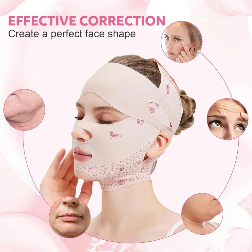 A woman is wearing a pink facial slimming strap designed to create a perfect face shape.