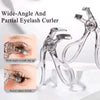 A clear dual eyelash curler and comb set with wide-angle and partial adjust features shown on a white background.