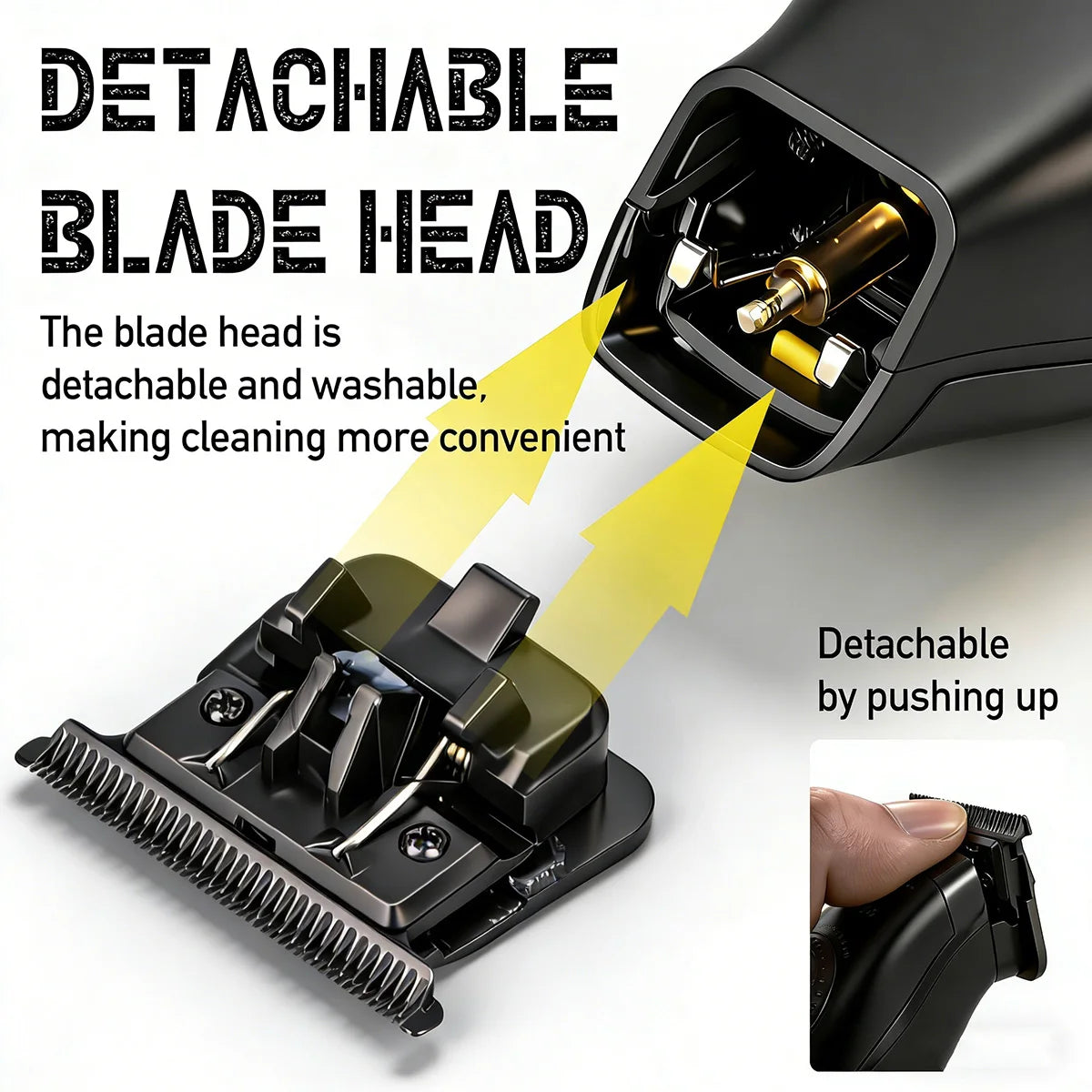 Close-up of a detachable blade head for a professional rotary hair clipper trimmer, showing its design and function.