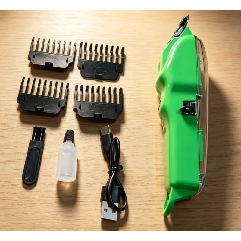 A professional cordless hair clipper trimmer shown with various attachments and a battery on a wooden surface.