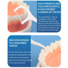 A white dental floss tool is shown cleaning between teeth on a model tooth, with an end hook design for cleaning tartar.