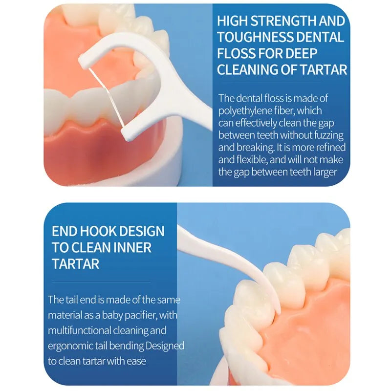 A white dental floss tool is shown cleaning between teeth on a model tooth, with an end hook design for cleaning tartar.