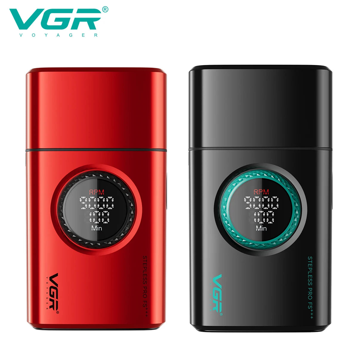 A red VGR electric beard trimmer with a display showing 9000 RPM and a black VGR trimmer.