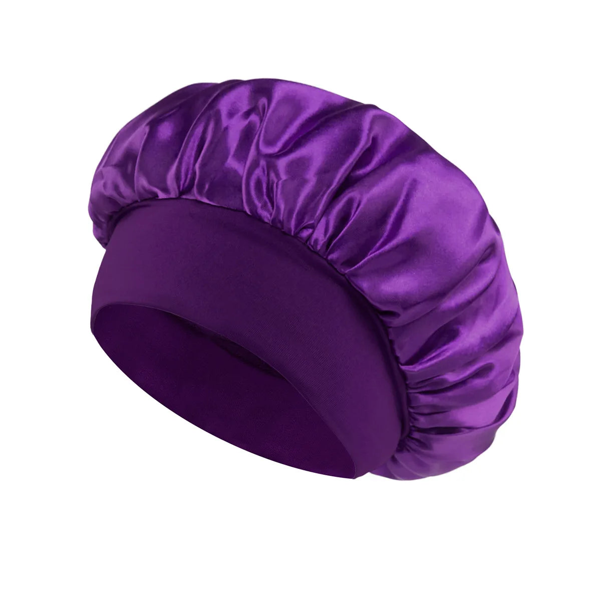Lila Satin-Haube, gefaltet oder gerollt, zum Schlaf und Schutz bereit.
