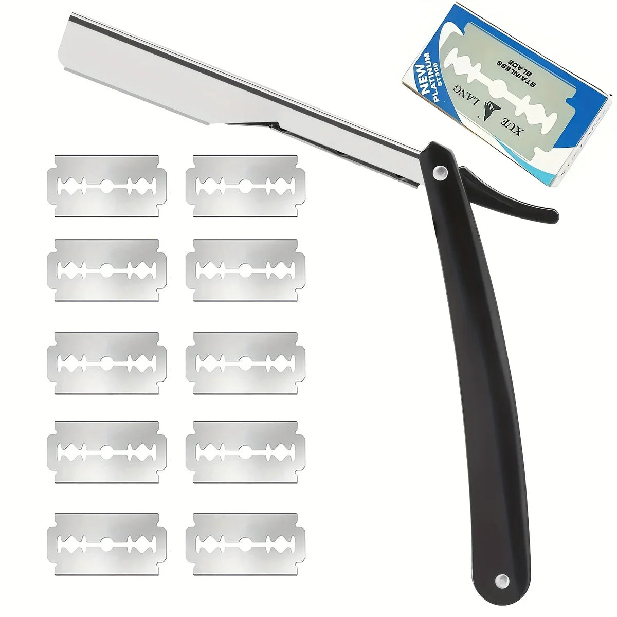 Foldbares Edelstahl-Rasierset mit schwarzem Griff und Verpackung sichtbar.