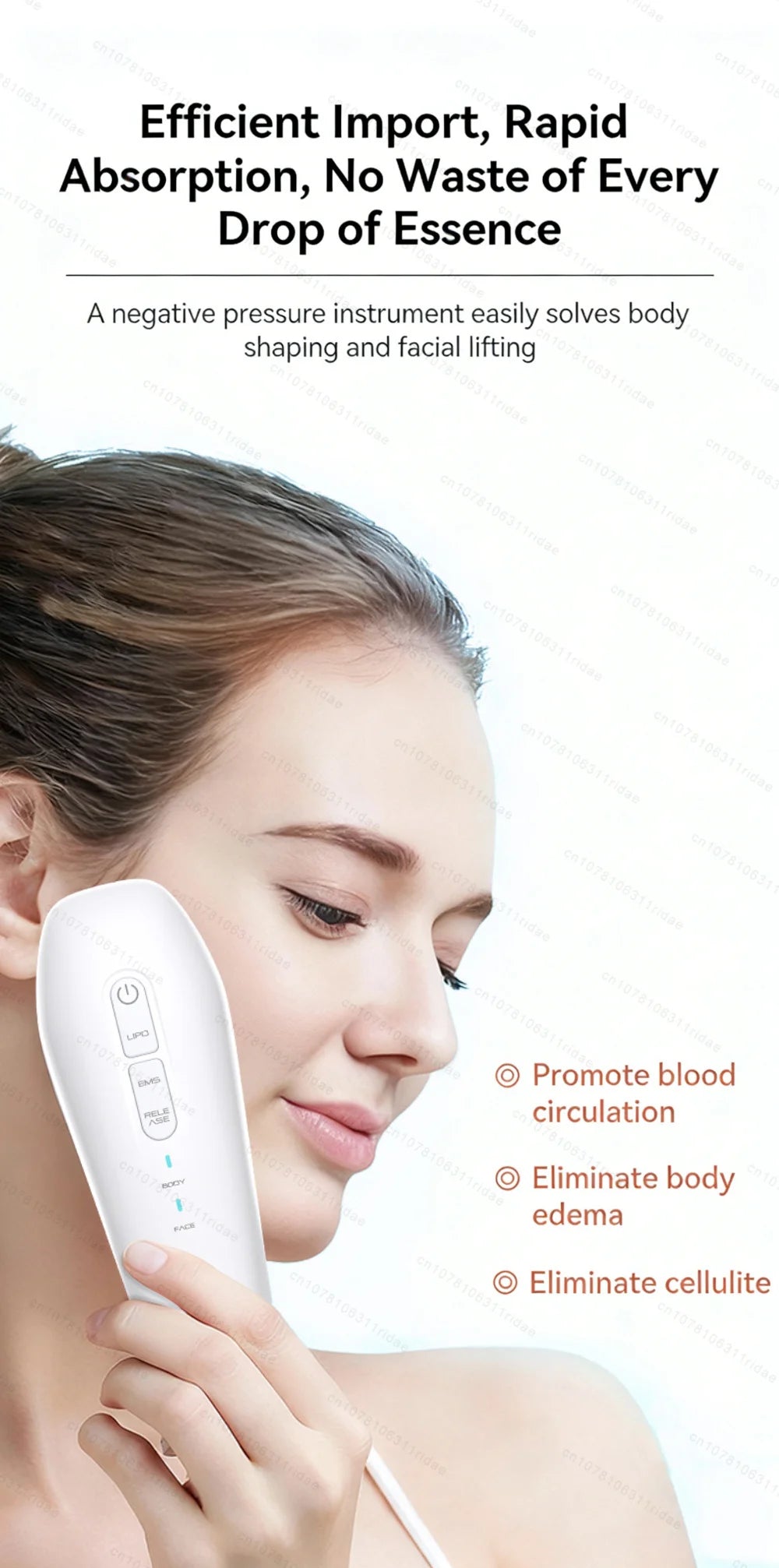 A person is using a white EMS fat cellulite massager device on their face.