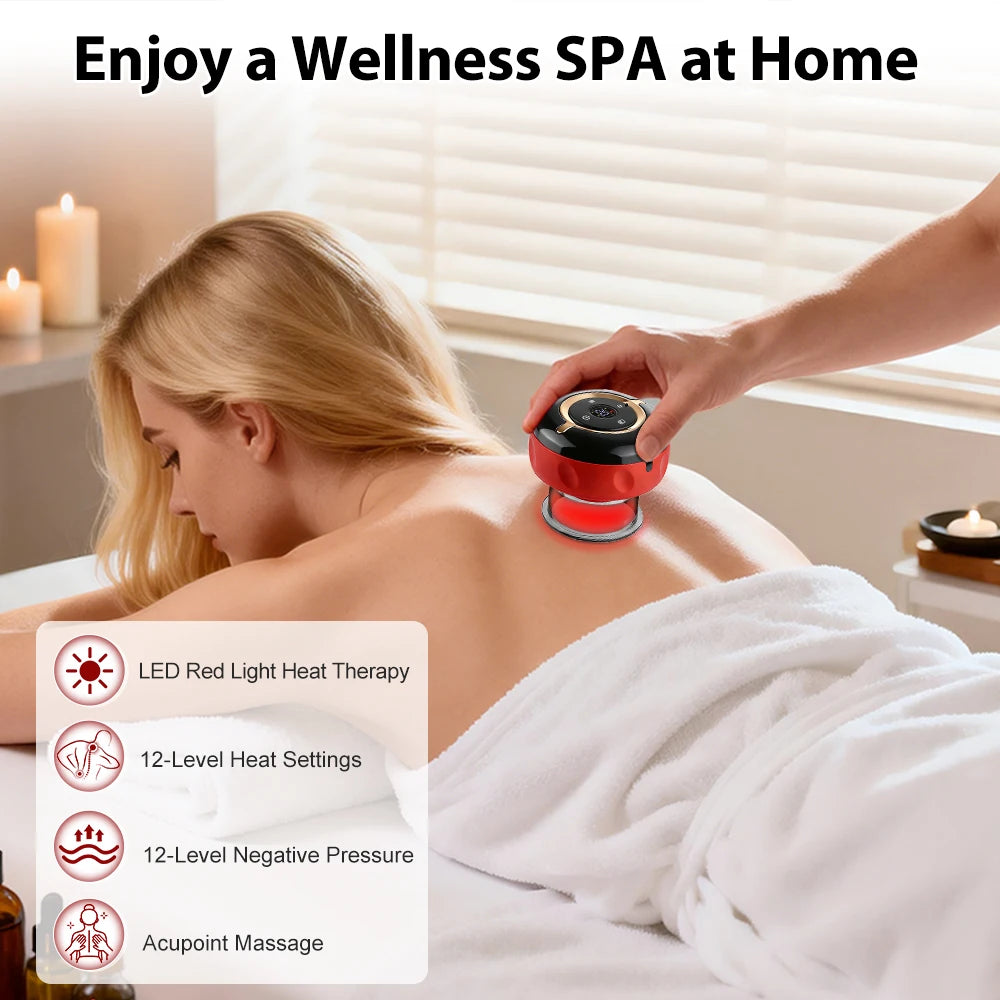 A woman is receiving a wellness spa treatment at home using a red electric cupping massager on her back.