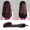 Before and after images of hair styling using a professional hair dryer brush and curling comb