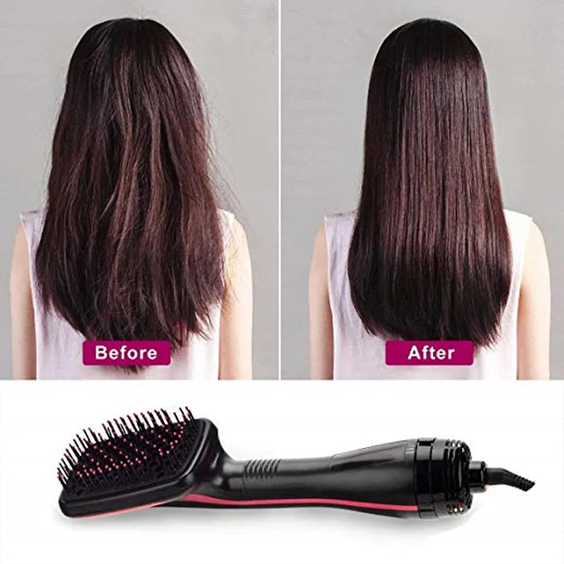 Before and after images of hair styling using a professional hair dryer brush and curling comb