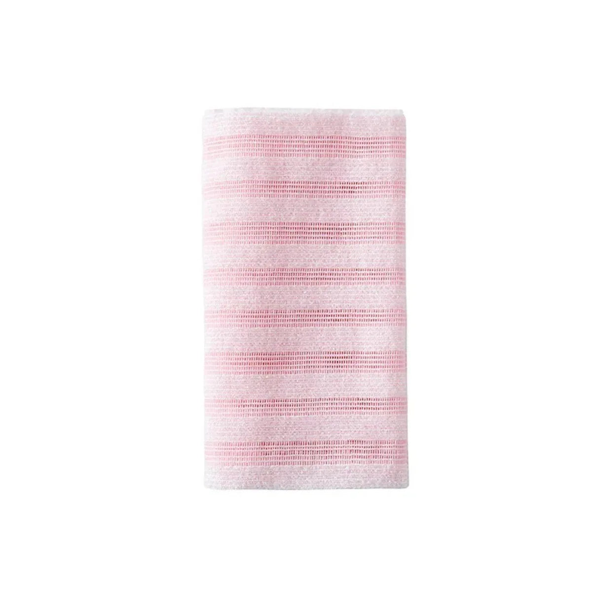 A roll of pink exfoliating loofah or body scrubber.