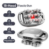 A silver 18-head fascia gun massage device with silicone massage heads shown in various contexts.