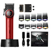 A red and black professional rotary hair trimmer with an adjustable blade and various attachments.