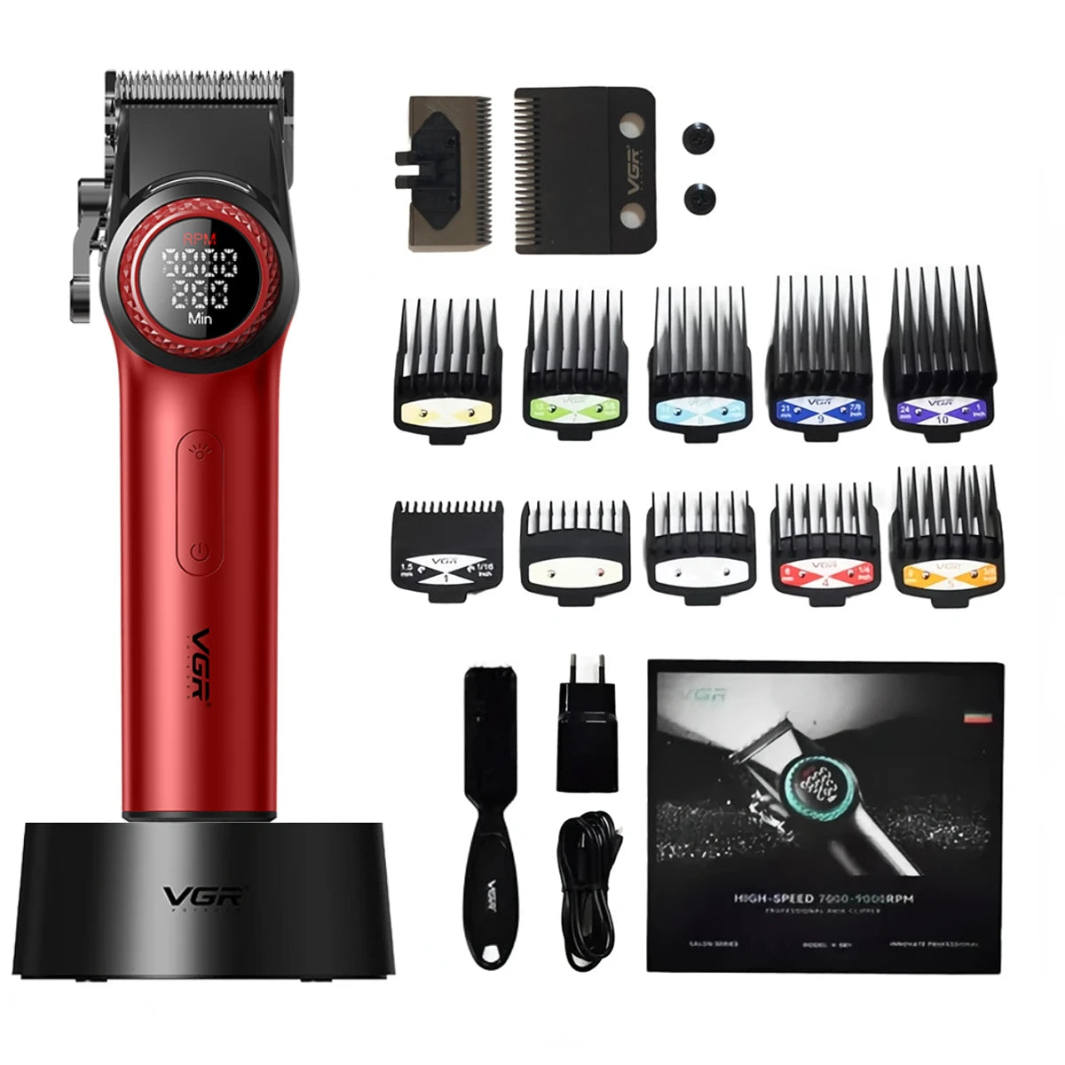 A red and black professional rotary hair trimmer with an adjustable blade and various attachments.