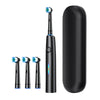 A black 3D rotating electric toothbrush with a handle and three brush heads shown next to the full product.