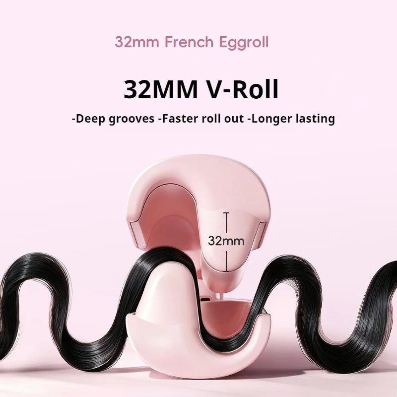 A pink 32mm V-Roll curling iron is shown with black hair being curled.