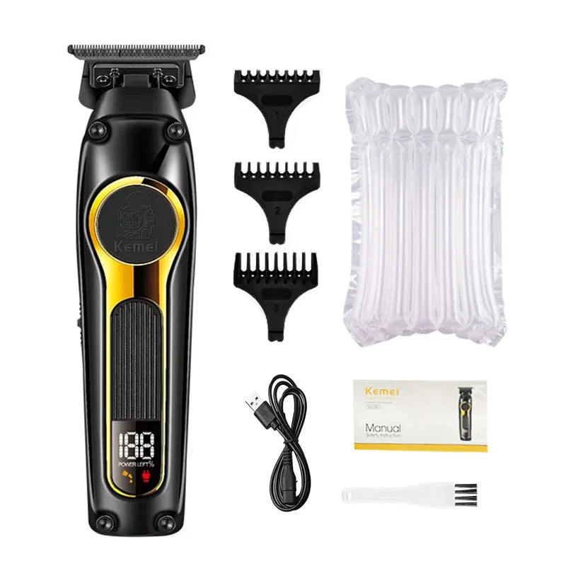 A kit of professional rechargeable electric hair clippers, including various guards and a manual.