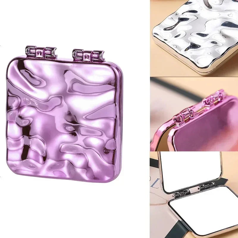 Miroir de maquillage rose iridescent carré avec couvercle articulé et design pliable.