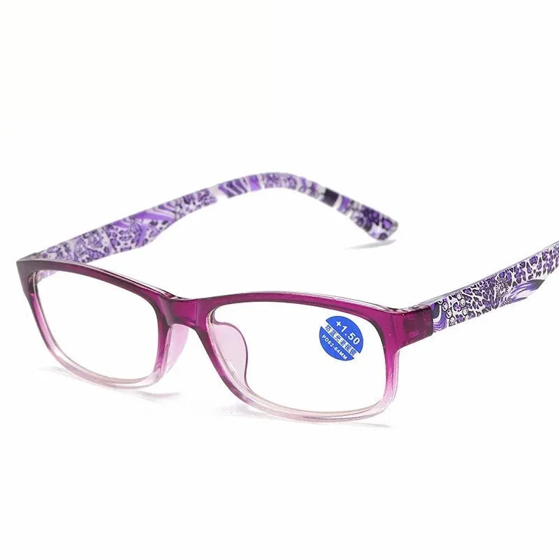 Purple patterned retro style anti-blue light reading glasses with pink frames