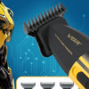 A set of three electric hair clipper guards with 1mm, 2mm, and 3mm sizes shown next to a yellow hair clipper.