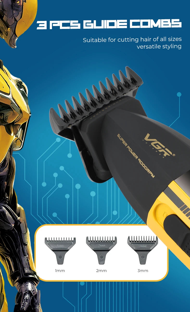 A set of three electric hair clipper guards with 1mm, 2mm, and 3mm sizes shown next to a yellow hair clipper.