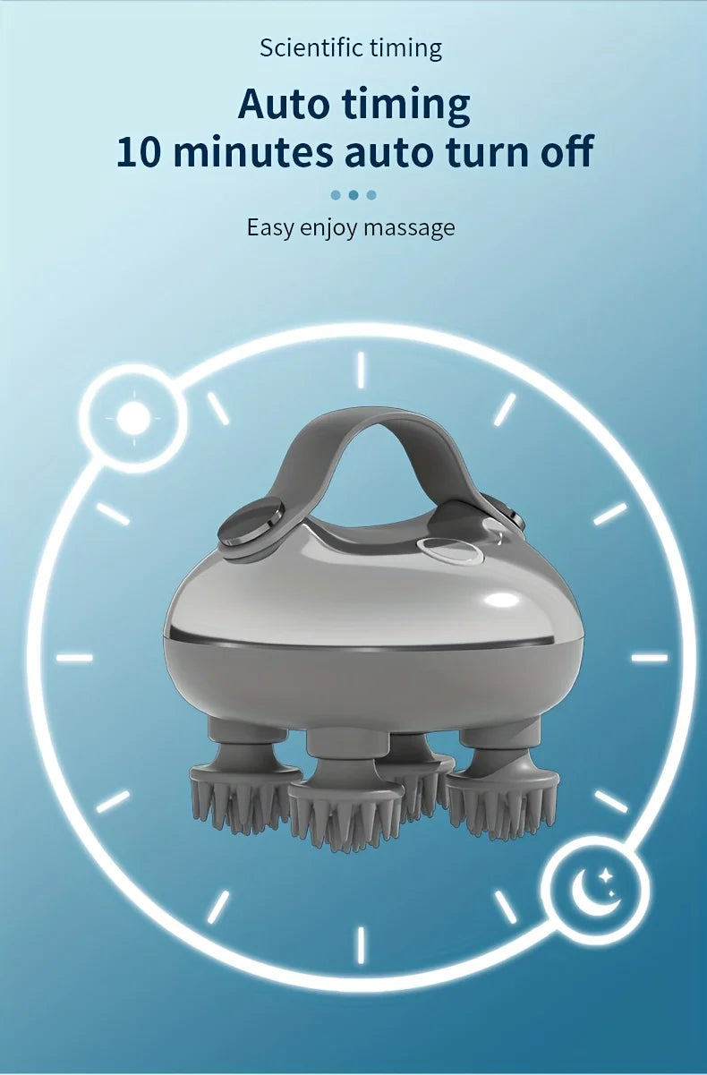 A silver portable electric scalp massager is shown within a circular clock graphic, illustrating auto timing features.