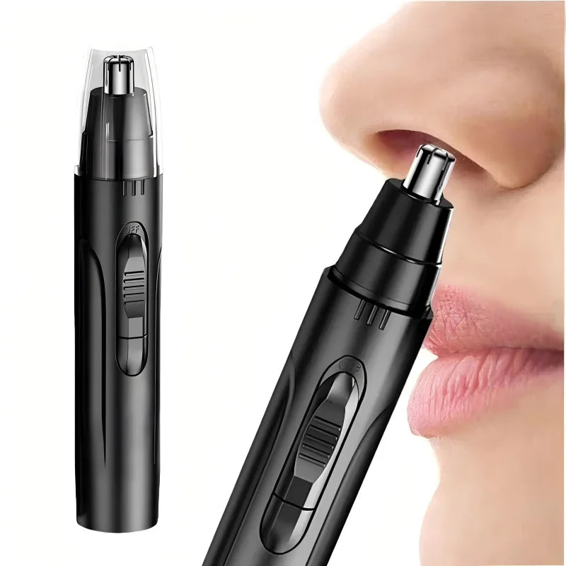 A black professional electric nose and ear hair trimmer is shown next to a woman's face.