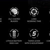 Symbole, die Funktionen von professionellen wiederaufladbaren Haarschneidern zeigen: Motorblätter, lange Betriebszeit, LED-Di