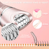 Close-up of a pink electric hair remover device showing the tweezers head and usage for legs and arms.