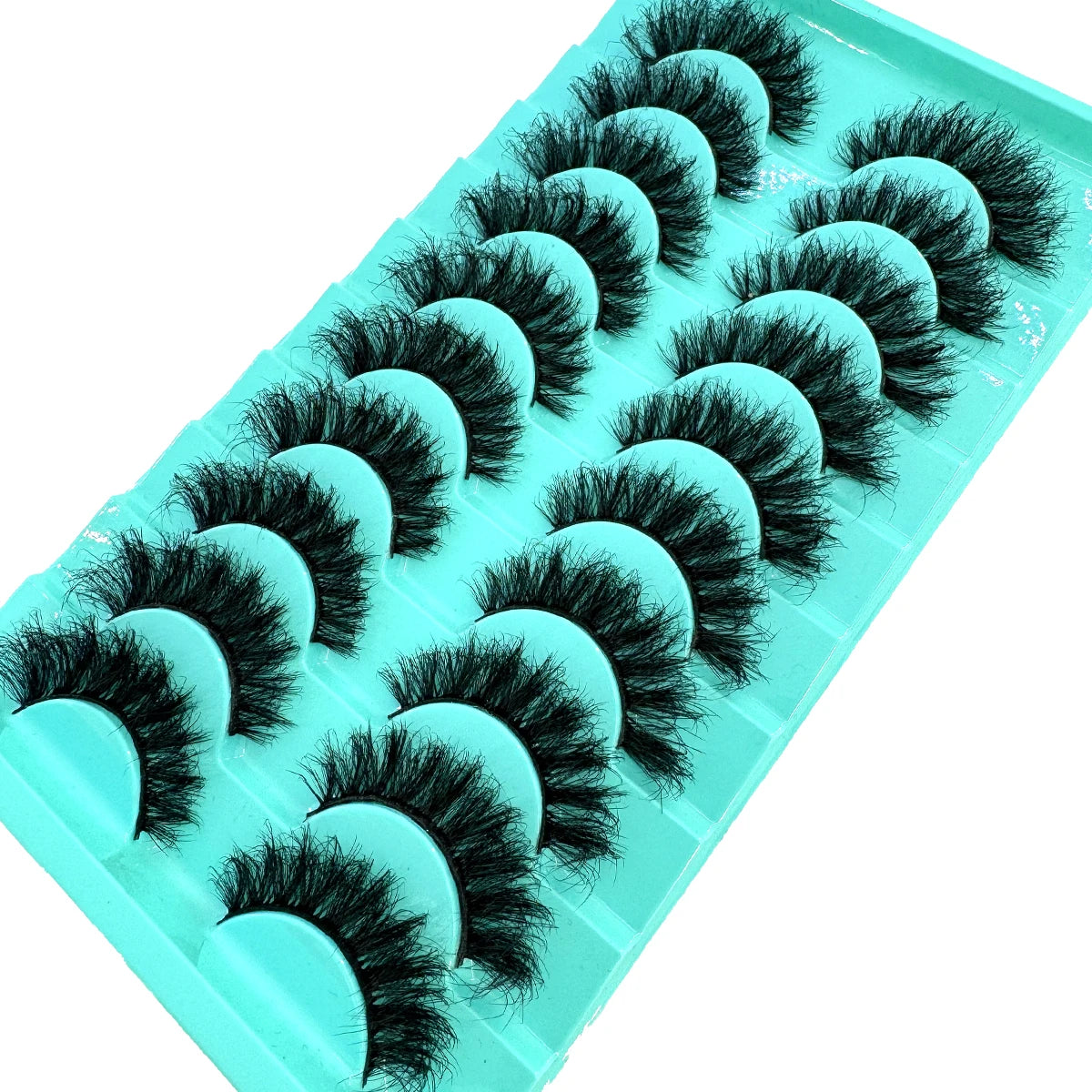 A plastic tray holding ten pairs of black false mink eyelashes.