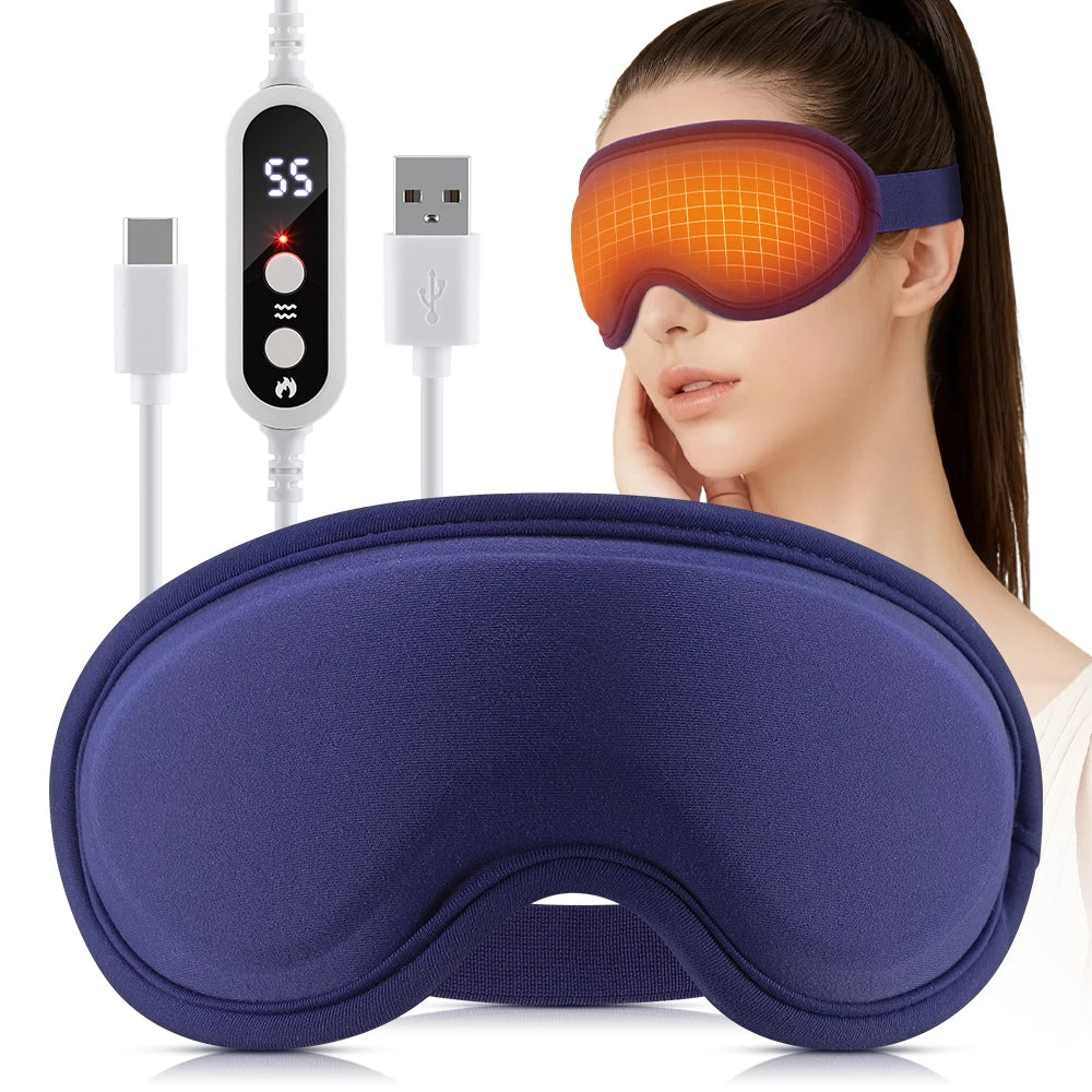 A woman is wearing an orange electric heated eye mask with a blue strap and a purple massage pad.