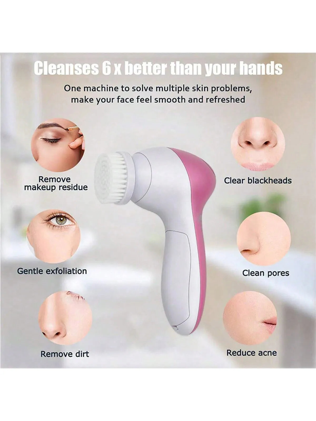 A white and pink electric facial cleansing brush is shown with various facial features illustrating its functions like removi