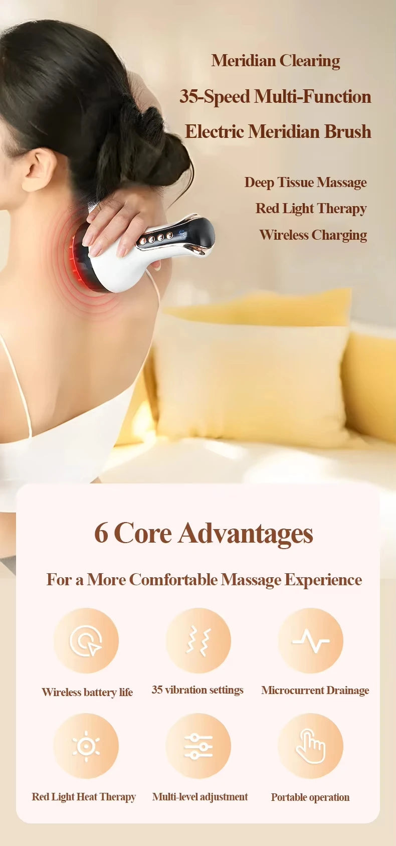 A woman is using a black and white electric meridian brush for massage therapy.