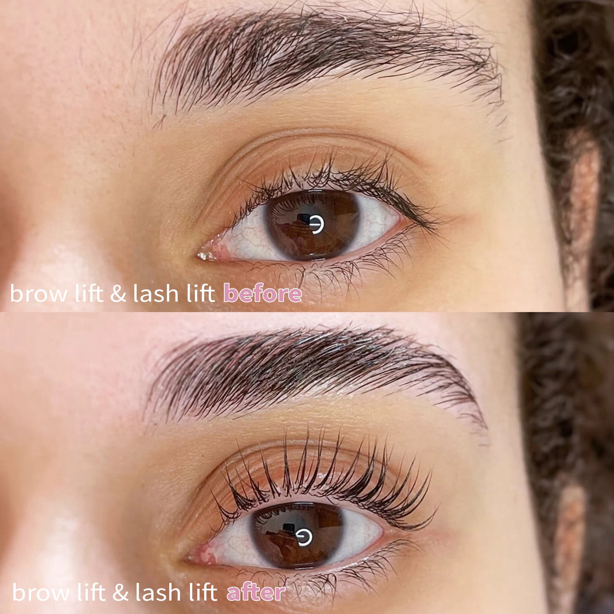Comparaison avant/après montrant les résultats du lifting professionnel des cils et des sourcils sur un œil.