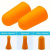 Trois bouchons d'oreille en mousse orange montrés dans différents états : avant, après et après rebond.