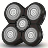 A black universal 5-in-1 replacement shaver head with five interchangeable circular shaving foils.