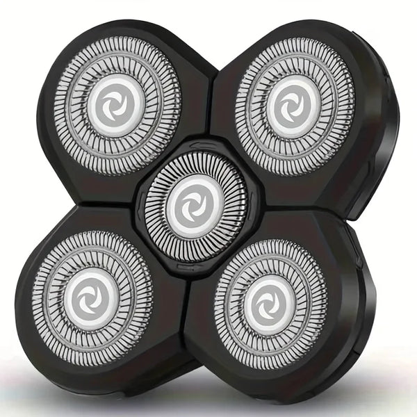 Tête de rasoir universelle noire 5-en-1 avec cinq crêtes circulaires interchangeables.