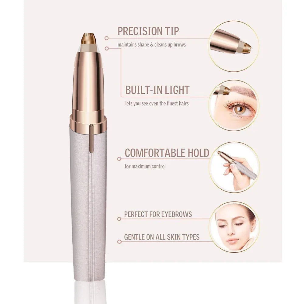 A close-up view of a rose gold precision electric eyebrow trimmer with various features highlighted.