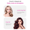 Model showcasing French V-shaped roll hair styling options for long and fluffy looks