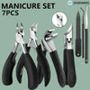 A set of seven professional stainless steel nail clippers and manicure tools displayed on a light green background.