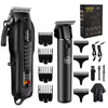 A black professional cordless hair trimmer kit for men showing various guard attachments and the main unit.