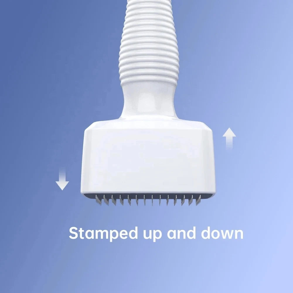 A white microneedling stamp roller with a threaded top, shown being stamped up and down.