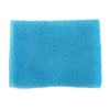 A rectangular blue exfoliating bath sponge washcloth made of a mesh material.