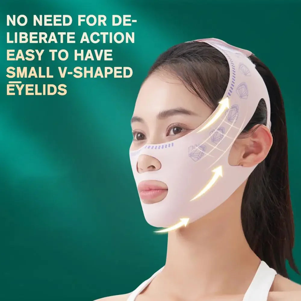 A woman is wearing a pink silicone eye lift mask designed to create small V-shaped eyelids.