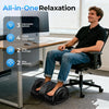 Ein Mann benutzt ein All-in-One-Entspannungsgerät, einen Shiatsu-Fuß- und Wadenmassager mit Wärmetherapie auf seinen Füßen.