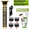A set of professional electric hair trimmers with various guard sizes shown next to the main unit.