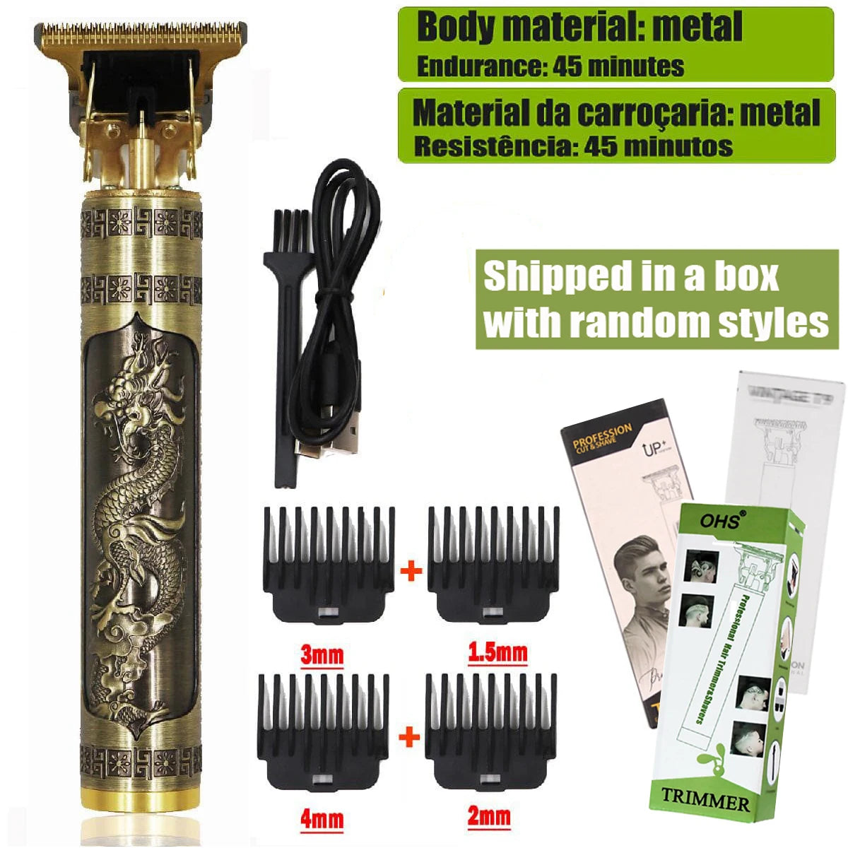 A set of professional electric hair trimmers with various guard sizes shown next to the main unit.