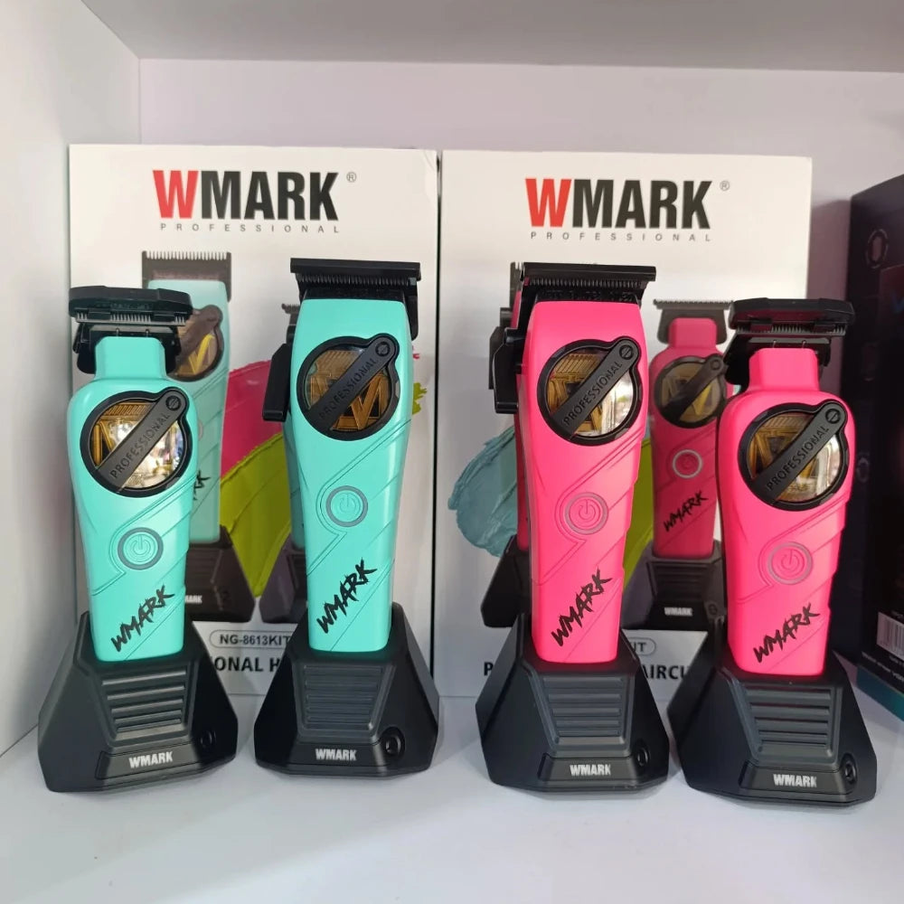 A set of WMARK professional cordless hair trimmer kits in teal, pink, and black packaging.